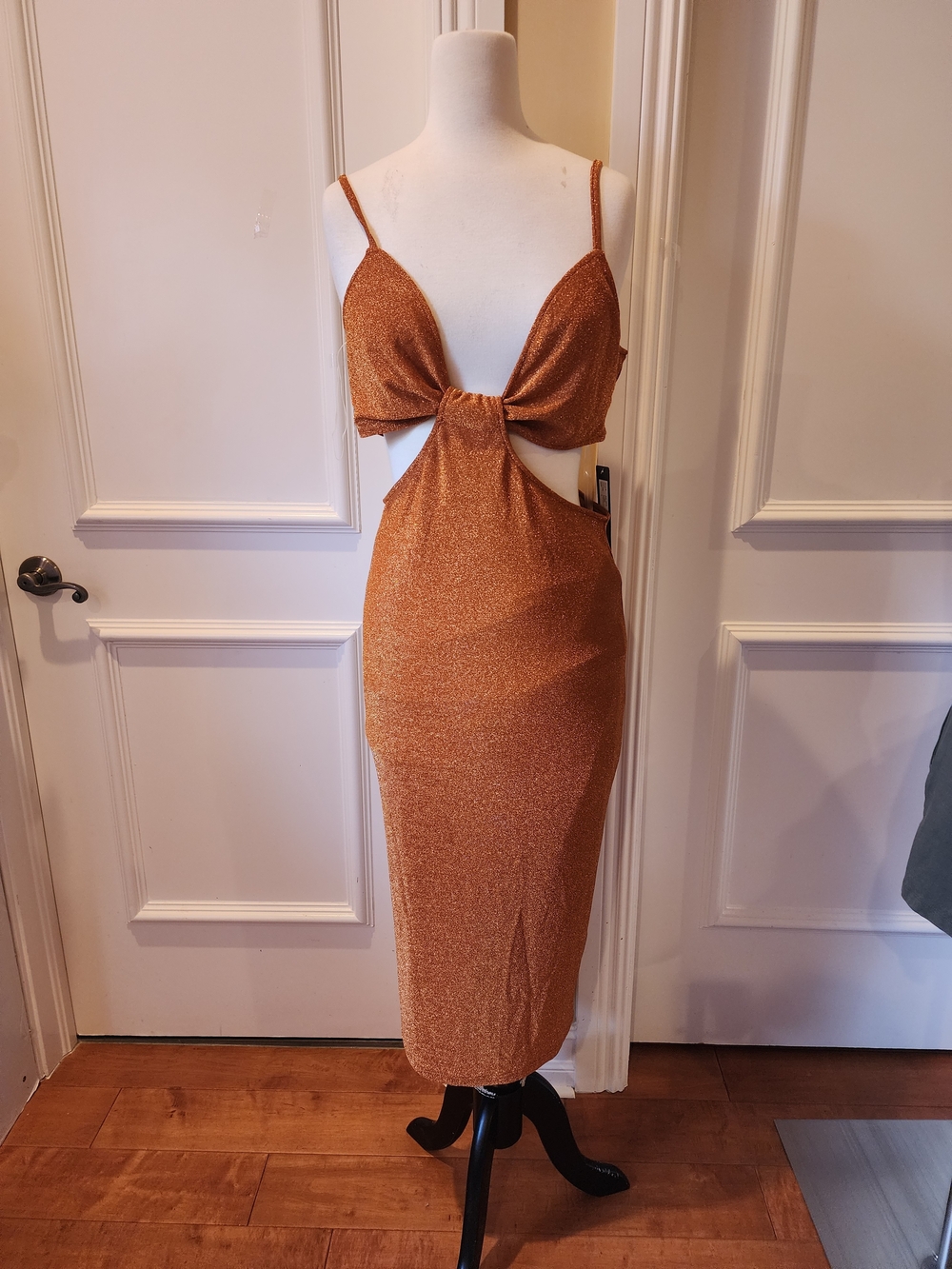 bebe Copper Metallic Cutout Midi Dress